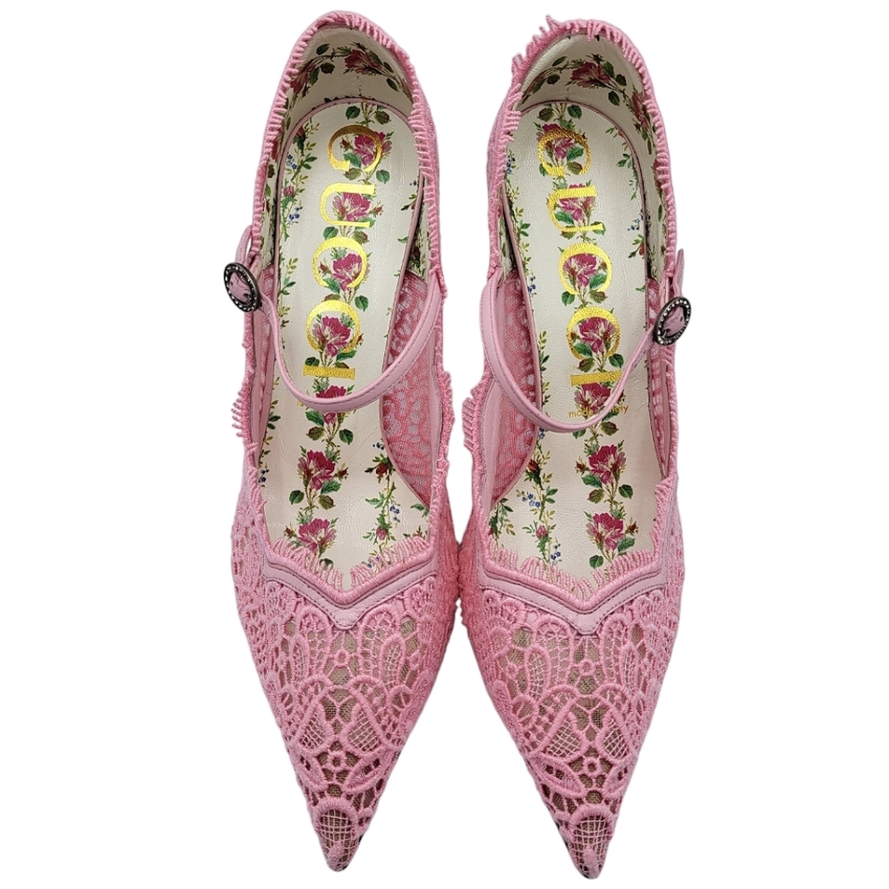 Gucci Virginia Crystal Embellished Corded Lace Mary Jane Pumps Pale Pink 40.5